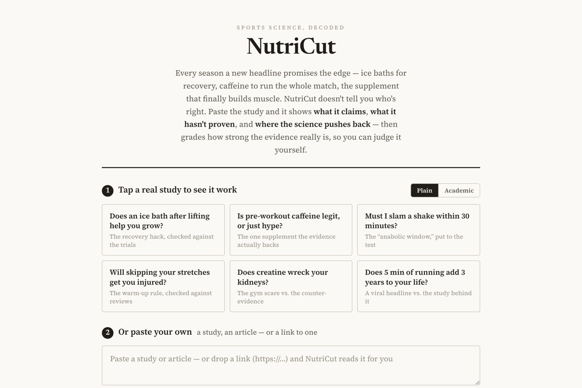 NutriCut’s study-analysis interface and evidence overview