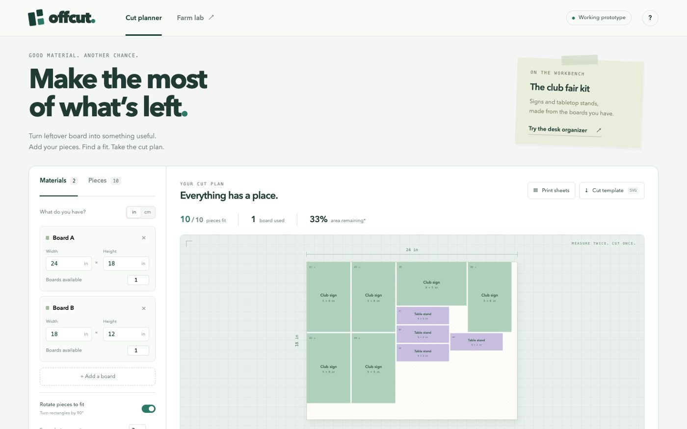 Offcut prototype interface snapshot